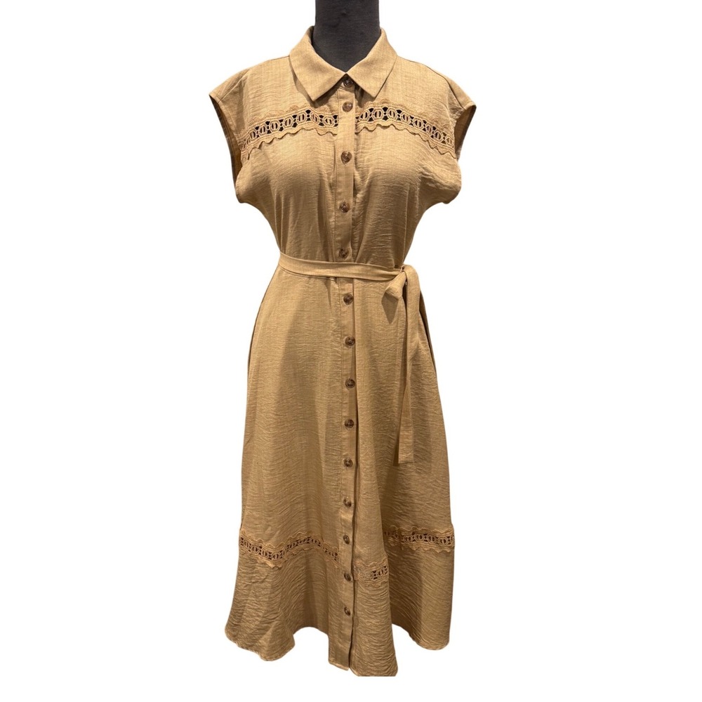 Nina Leonard Tan Crochet Lace‎ Button Front Midi Shirt Dress Womens Small Boho